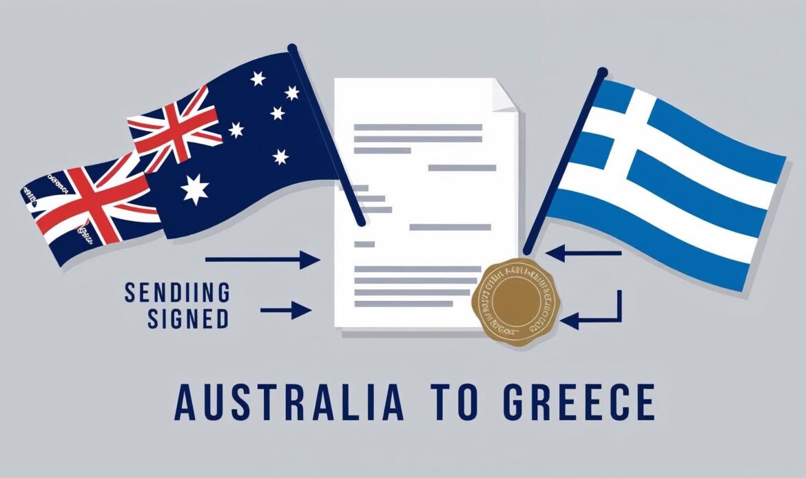 a flag and paper with a seal, Apostille for Greece from Australia